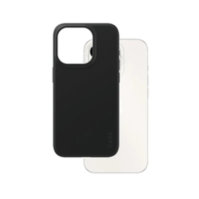 Sleek black CARE Case Fashion for iPhone 15 Pro with matte finish and camera cutout displayed alongside white protective