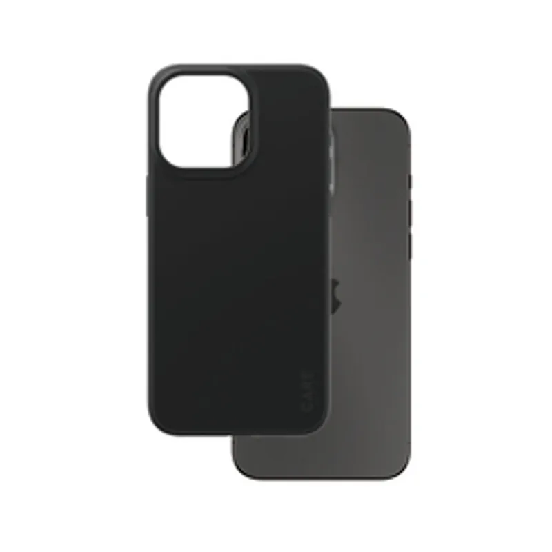 Чехол CARE Fashion Black для iPhone 15 Pro Max с крупным вырезом под камеру и смартфоном Apple на заднем плане.