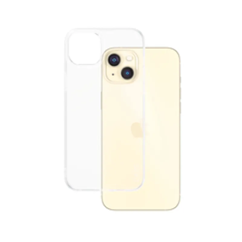 Funda transparente CARE Case Fashion X-Ray para iPhone 15 Plus junto al móvil en color crema con logo de Apple y doble