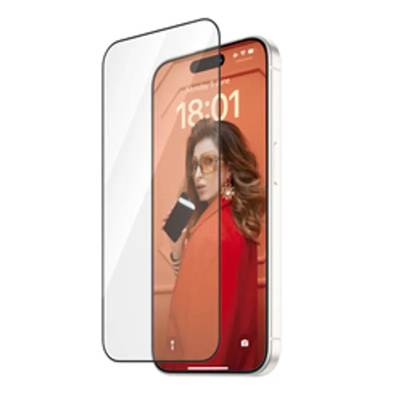 PanzerGlass iPhone 15 Pro, Refresh UWF mit Aligner, transparenter Bildschirmschutz mit schwarzem Rand schwebt über