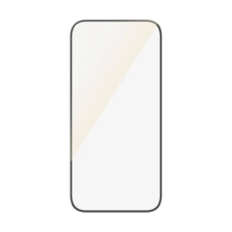 PanzerGlass EyeCare iPhone 16/15 UWF screen protector with a thin black border, rounded corners, and a subtle yellowish