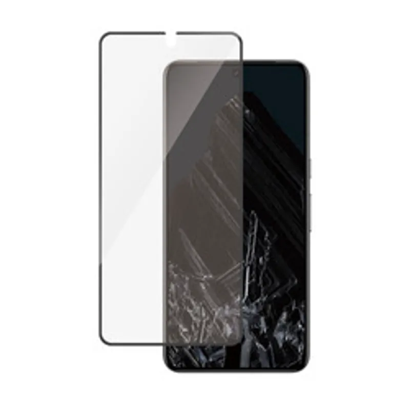 PanzerGlass Google Pixel 8 Pro Displayschutz mit schwarzem Rand neben Smartphone mit gesplittertem Display-Effekt.