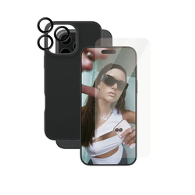 CARE Fashion 3-in-1 iPhone 16 Pro Max case with raised camera ring and transparent screen protector shown on phone