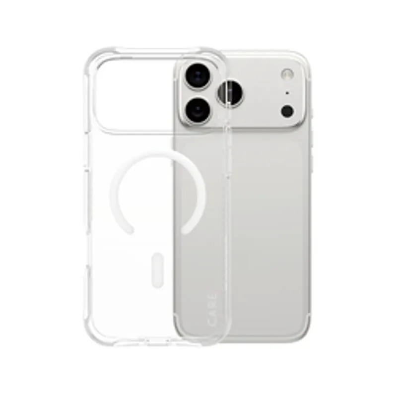 Clear CARE MagSafe iPhone 17 Pro Max case with white ring shown on silver iPhone for bulk purchase.