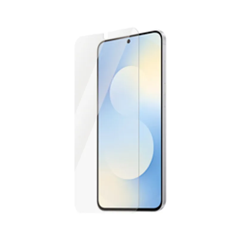 SAFE Panzerglas-Displayfolie für Galaxy S25 FE mit UWF-Beschichtung leicht schwebend vor Smartphone mit Lochkamera und