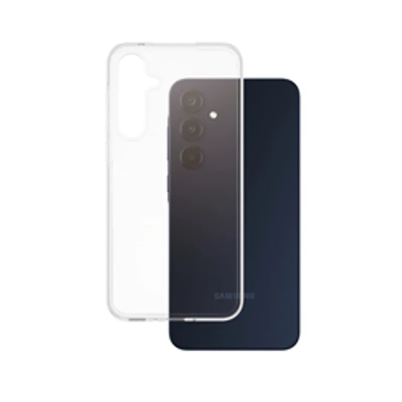 Coque transparente souple pour Samsung Galaxy A36 5G posée sur le dos du smartphone bleu foncé avec triple capteur photo et