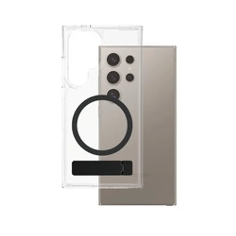 Custodia trasparente CARE con supporto e anello QI per Galaxy S25 Ultra, mostrata davanti a uno smartphone grigio con