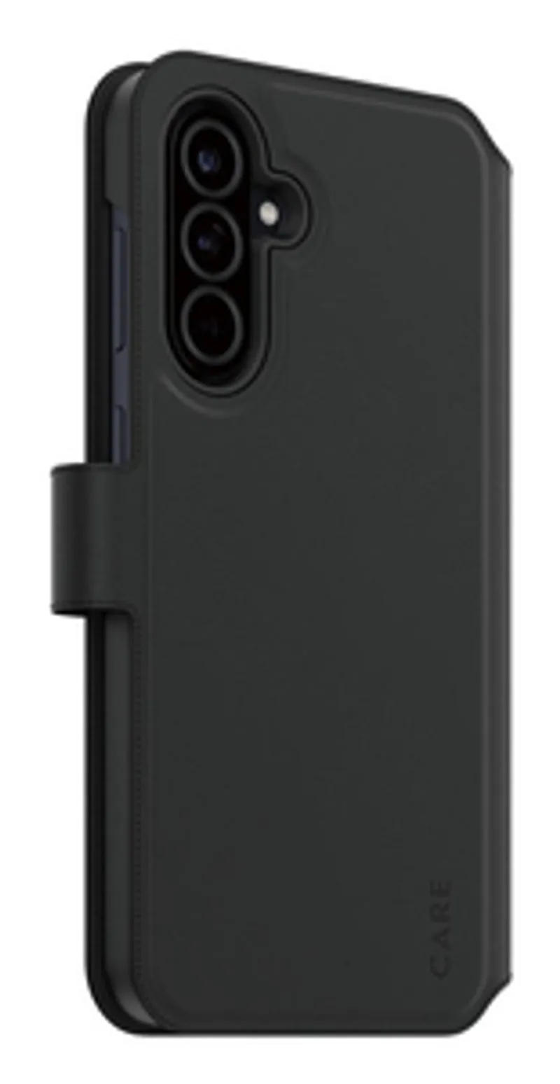 Étui portefeuille 2-en-1 CARE Tango pour Samsung Galaxy A56, vue arrière noire mate avec rabat latéral, découpe pour triple