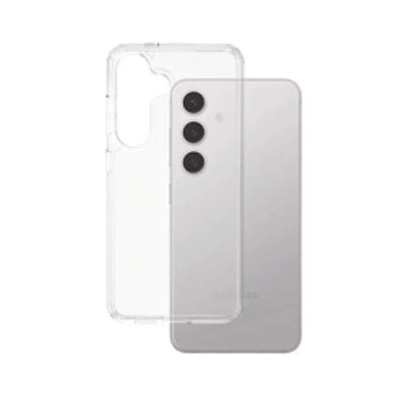 Étui transparent CARE Flagship pour Galaxy S25 Plus avec cadre clair montrant un smartphone gris argenté à triple objectif