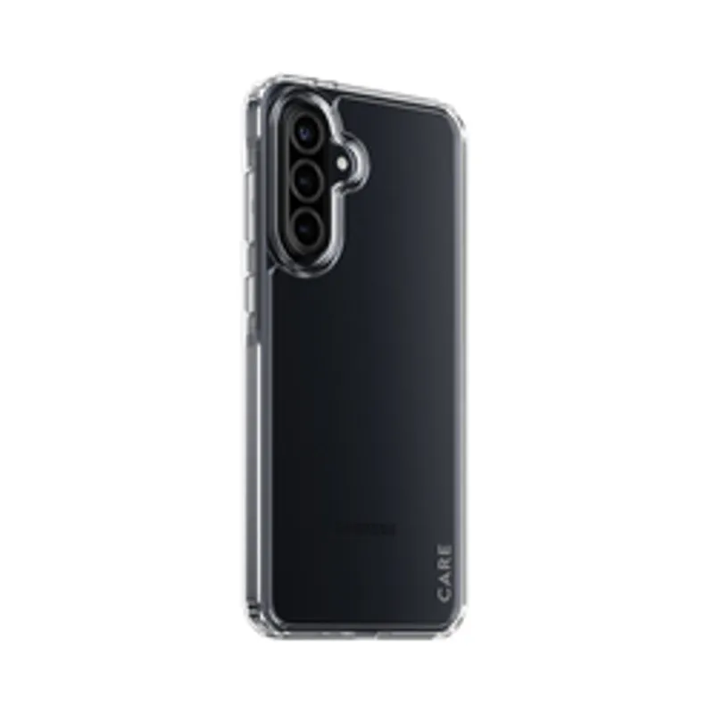 Étui transparent CARE Flagship pour Galaxy A36 5G montrant un smartphone noir protégé par un contour surélevé autour des