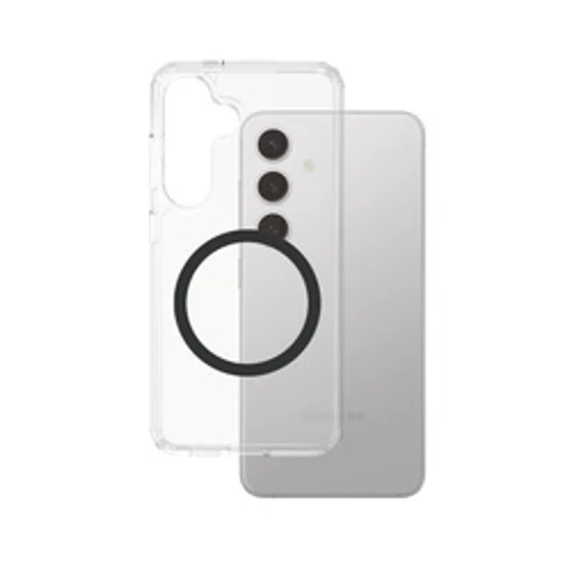 Étui transparent CARE Flagship avec anneau noir Qi pour Galaxy S25, présenté devant un smartphone gris aux trois objectifs