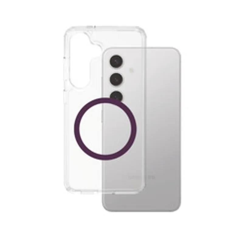 CARE Flagship Case Combat mit Plum Purple QI für Galaxy S25 Plus, klare Schutzhülle mit violettem Ring und Kameraausschnitt