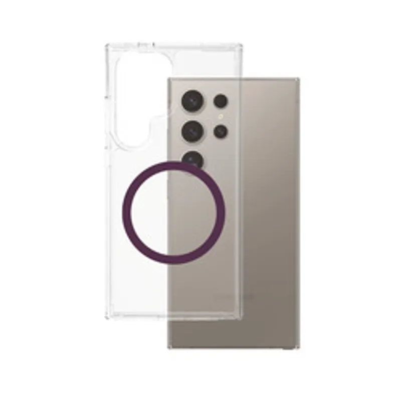 Clear CARE Flagship Case with plum purple Qi ring in front of a silver Samsung Galaxy S25 Ultra showing its multi-lens rear