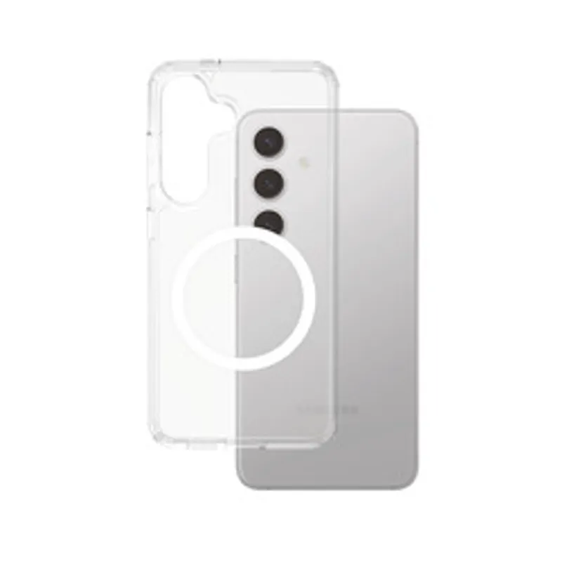 Funda transparente CARE Flagship con anillo blanco Qi para Galaxy S25, mostrada ligeramente detrás del móvil gris con