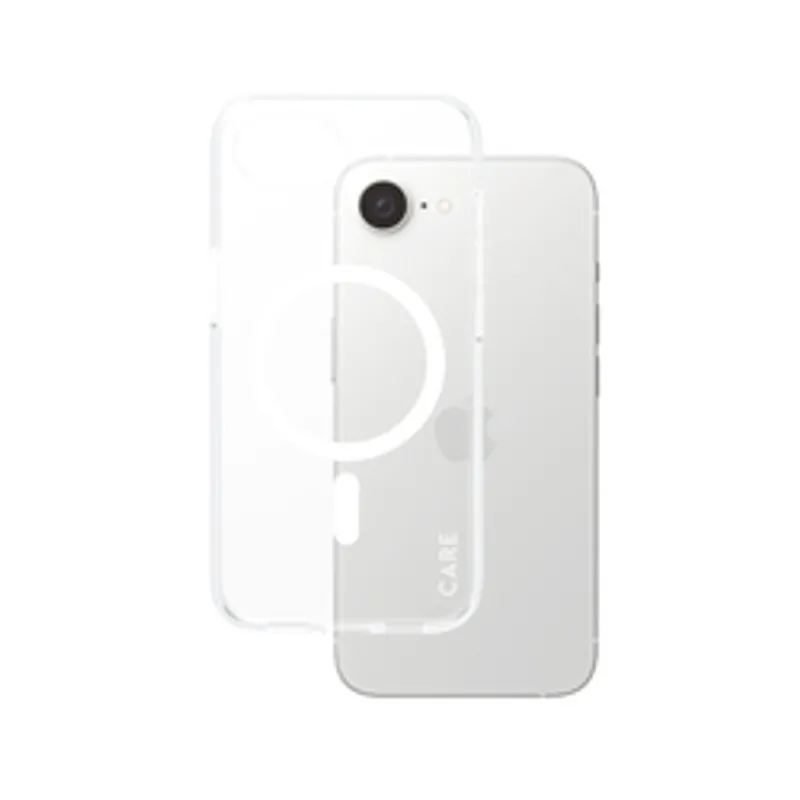 CARE Case Flagship Urban Combat MagSafe für iPhone 17e/16e, transparente Hülle mit weißem MagSafe-Ring und vertikalem