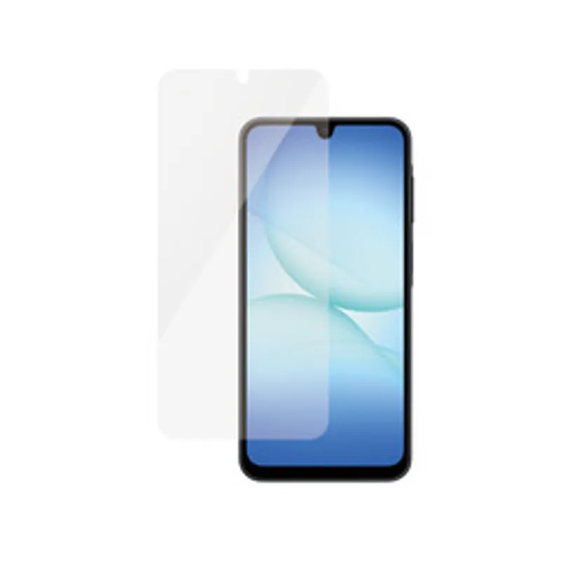 PanzerGlass Displayschutz Galaxy A17/A17 5G UWF, transparente Glasfolie leicht links über schwarzem Smartphone mit blauem