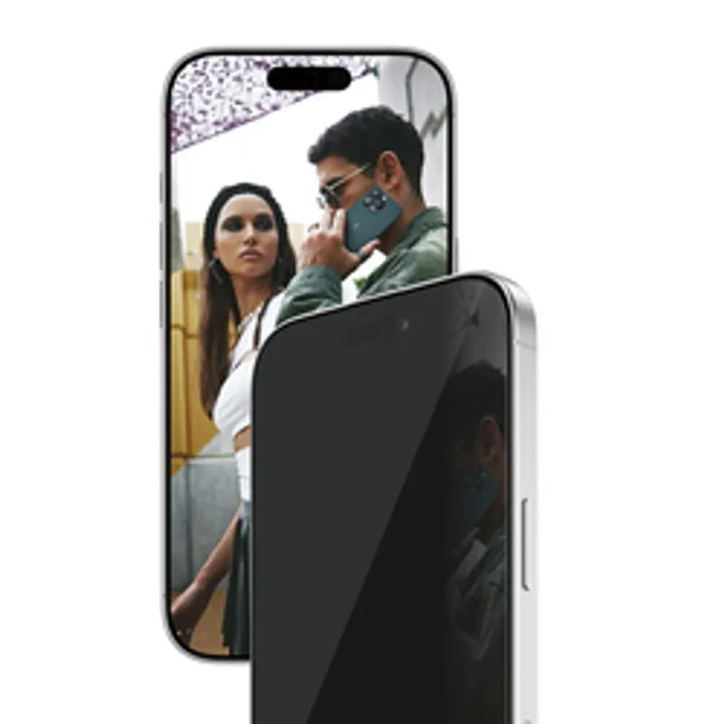 SAFE Privacy Schutzglas für iPhone 17/16 Pro zeigt seitlichen Blickwinkel mit verdunkeltem Display im Vergleich zu klarem