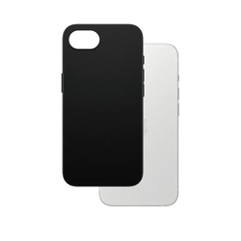 Schwarze SAFE TPU Handyhülle für iPhone 17e/16e mit Kameraausschnitt und Tastenöffnungen vor weißem Smartphone im Bulk-Pack.
