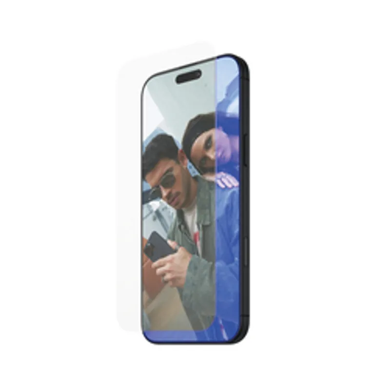 Protezione schermo SAFE EyeCare iPhone 16 Pro UWF in rendering 3D sopra smartphone con display di due persone e bordo blu