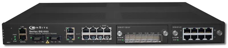 Patton 1052 BASE Netzwerkgerät mit Frontansicht, SFP-Slots, E1/T1-Ports, RJ45-Ethernet und Rack-Montage für optischen