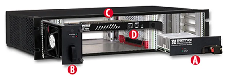 Chasis Patton 6286 ForeFront 2U con fuente AC redundante y tarjeta de alarma, vista frontal sin panel mostrando componentes