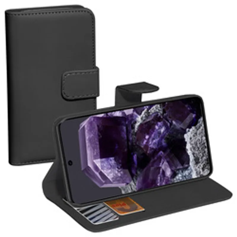 PEDEA Book Cover Classic für Google Pixel 8 in Schwarz mit geschlossener und geöffneter Ansicht als Ständer inklusive