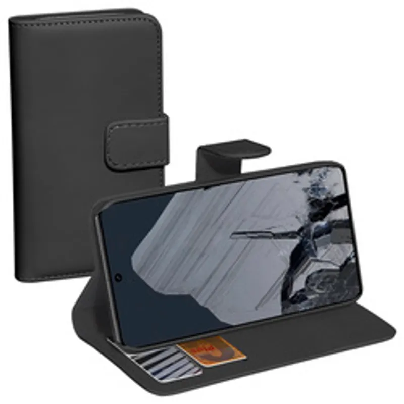 PEDEA Book Cover Classic für Google Pixel 8 Pro in Schwarz – geschlossene Lederhülle mit Magnetverschluss und geöffnete