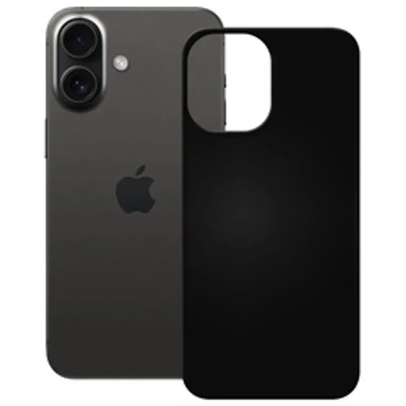 Чехол PEDEA Soft TPU для iPhone 16 чёрного цвета рядом со смартфоном с двойной камерой и логотипом Apple на задней панели.