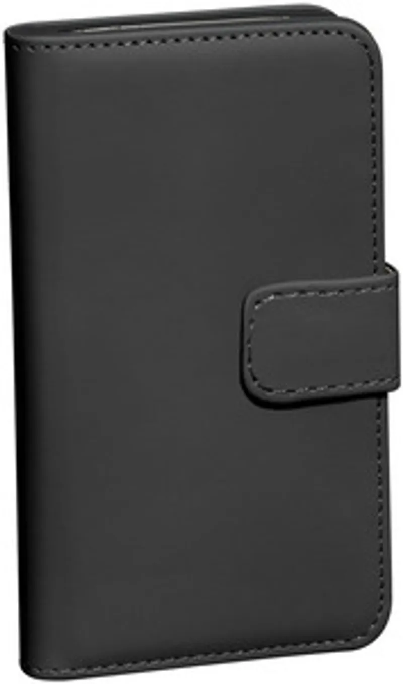 Black PEDEA Book Cover Classic for iPhone 16 Pro Max standing upright with visible stitching and magnetic closure strap in