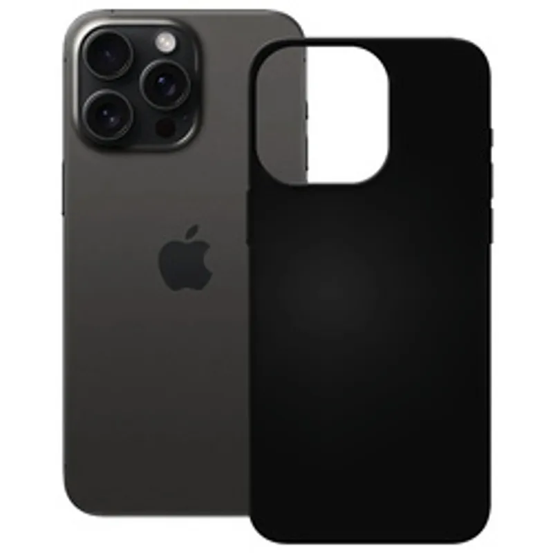 Чехол PEDEA Soft TPU для iPhone 16 Pro Max чёрный рядом с чёрным смартфоном с тройной камерой и логотипом Apple.