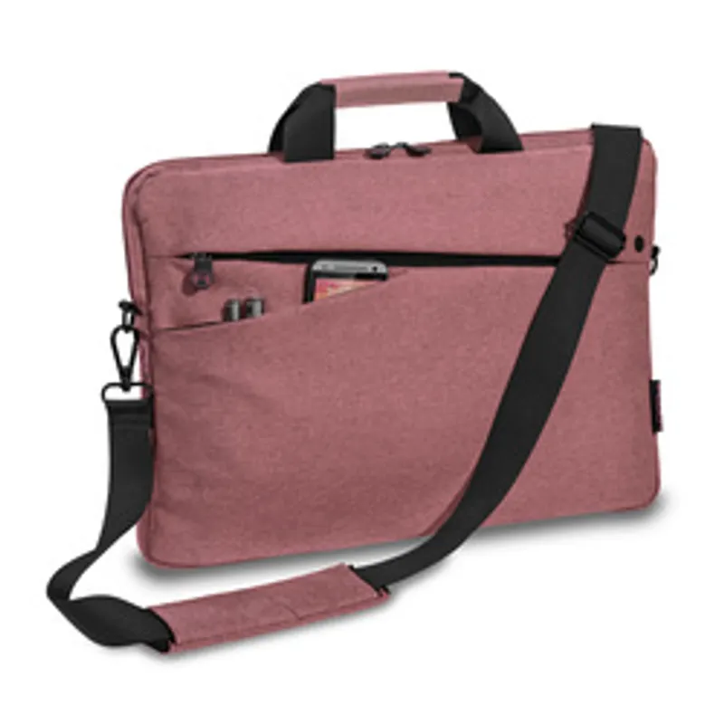 Bolsa rosa para portátil de 156 pulgadas con detalles negros asa superior y correa acolchada bolsillo frontal abierto con