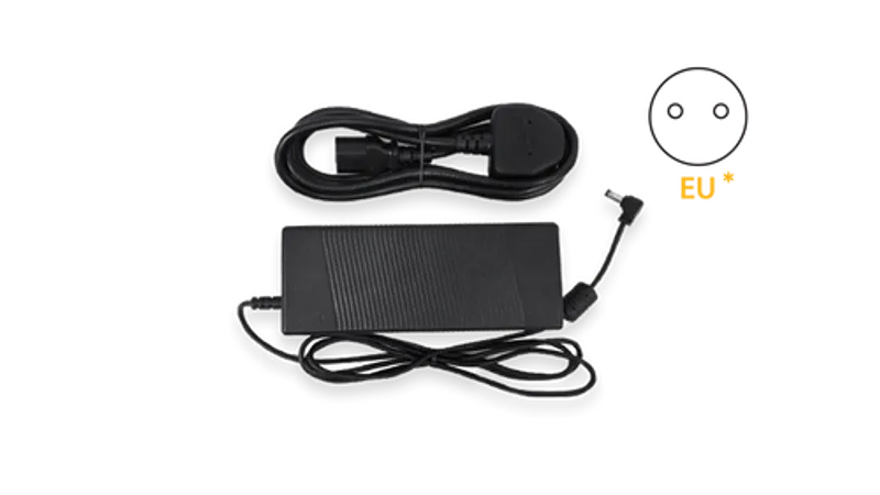 PoE+ Activation Kit with 56V/2.1A Power Supply, black rectangular power brick with ribbed surface, coiled AC cable with C13