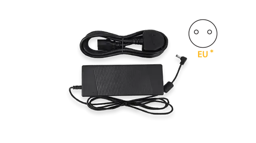 PoE+ Activation Kit with 56V/2.1A Power Supply, black rectangular power brick with ribbed surface, coiled AC cable with C13 PoE+ Activation Kit with 56V/2.1A Power Supply, black rectangular power brick with ribbed surface, coiled AC cable with C13
