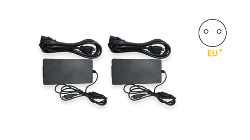Alimentatore Twin Pack PSU per MAX HD4 MBX/SD Switch Rugged con due unità nere, cavi di alimentazione e uscita DC su sfondo