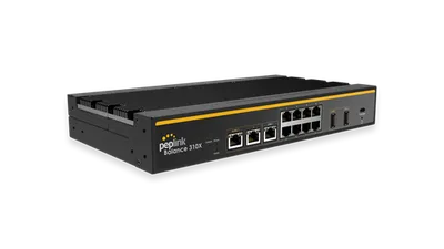 Роутер Peplink Balance 310X в серо-чёрном корпусе с жёлтой полосой, монтируемый в стойку, с портами WAN, LAN, USB и