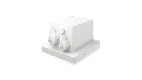 MAX BR1 IP67 Industrial Outdoor 4G LTE Router, vista dall'alto su base di montaggio con connettori circolari e vite di MAX BR1 IP67 Industrial Outdoor 4G LTE Router, vista dall'alto su base di montaggio con connettori circolari e vite di