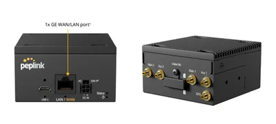BR2 Micro Router mit Rückansicht (USB-C, Ethernet, LEDs) und Schrägansicht (4 Antennenanschlüsse, SIM-Slot) auf weißem BR2 Micro Router mit Rückansicht (USB-C, Ethernet, LEDs) und Schrägansicht (4 Antennenanschlüsse, SIM-Slot) auf weißem