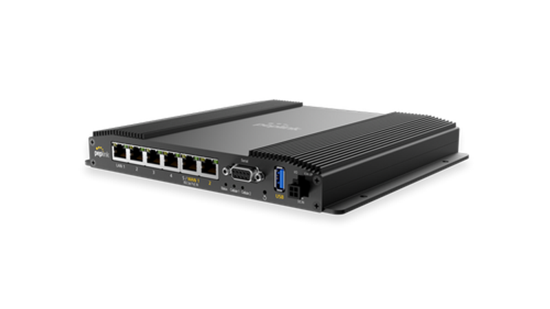MAX BR2 Pro networking device shown at three-quarter angle with ribbed texture and manufacturer logo, front panel featuring