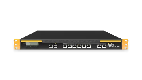 MediaFast 500 networking device with front panel controls and ports shown from elevated angle. MediaFast 500 networking device with front panel controls and ports shown from elevated angle.