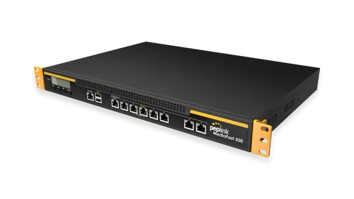 MediaFast 500, black networking appliance with yellow rack-mount ears, front panel featuring LCD screen, USB ports, MediaFast 500, black networking appliance with yellow rack-mount ears, front panel featuring LCD screen, USB ports,