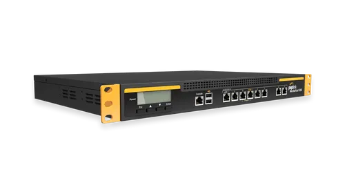 MediaFast 500 networking device shown from front-left angle with yellow mounting brackets and ventilation slots. MediaFast 500 networking device shown from front-left angle with yellow mounting brackets and ventilation slots.