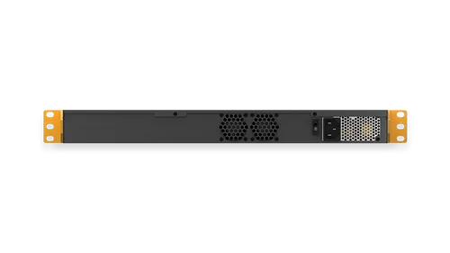 MediaFast 500 rear panel with yellow mounting brackets, ventilation grilles, power switch and AC inlet shown horizontally. MediaFast 500 rear panel with yellow mounting brackets, ventilation grilles, power switch and AC inlet shown horizontally.