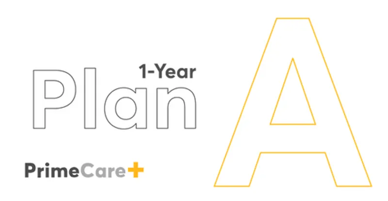 PrimeCare+ A 4-Year plan graphic showing a yellow outlined A with 1-Year stacked above the n for extended warranty coverage.