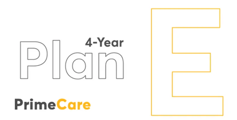 PrimeCare+ E 4-Year plan graphic with large outlined Plan text, 4-Year label, and vertical orange E outline for extended