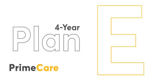 PrimeCare+ E 4-Year plan graphic with large outlined Plan text, 4-Year label, and vertical orange E outline for extended PrimeCare+ E 4-Year plan graphic with large outlined Plan text, 4-Year label, and vertical orange E outline for extended