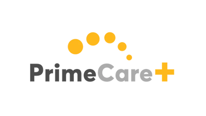 PrimeCare+ Logo mit grauen und gelben Elementen auf weißem Hintergrund, Darstellung des Wartungsvertrags für MAX Transit
