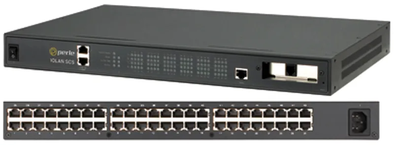 Perle IOLAN SCS48 server terminal 48 porte con pannello frontale e posteriore dotato di LED, porte Ethernet e 48 connettori