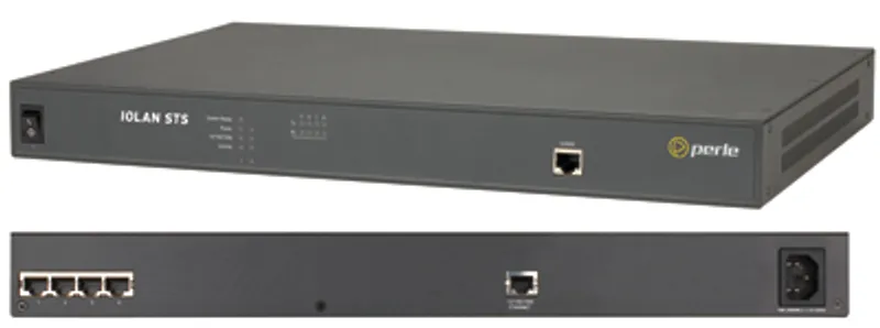 Perle IOLAN 4-Port Secure Terminal Server with front power switch, status LEDs, Ethernet port, and rear serial ports,