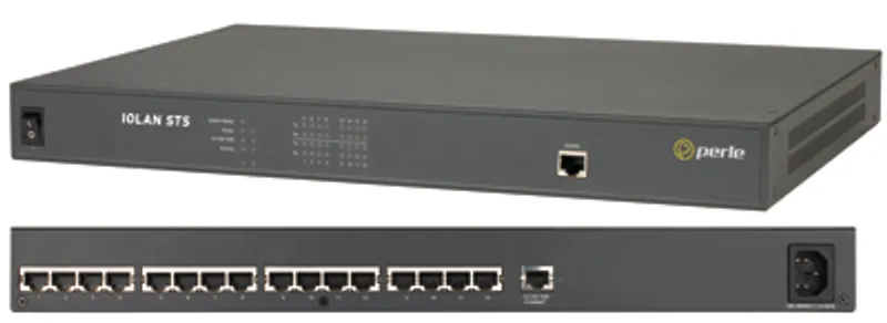 Server terminale seriale Perle IOLAN STS16 con pannello frontale grigio scuro, LED di stato, porta Ethernet e pulsante di