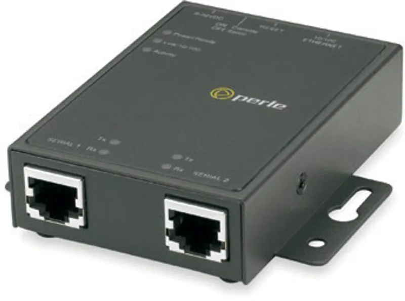 Servidor terminal Perle IOLAN TS2 de 2 puertos RJ45 en vista frontal y superior con conectores seriales, LEDs de estado y